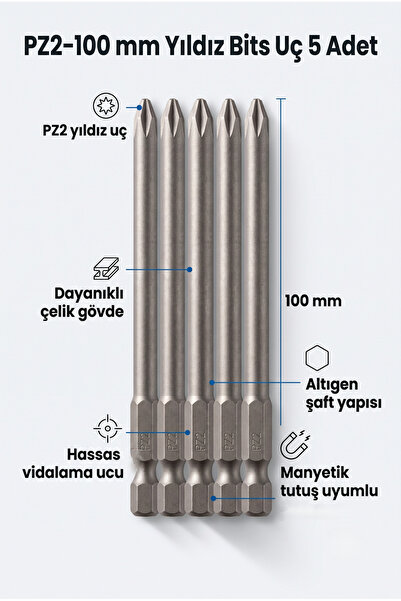 Genel Markalar PZ2 100 mm Uzun Yıldız Bits Vidalama Ucu 5 Adet - Altıgen Şaft...