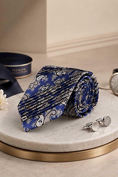 Kravatkolik Navy Blue Beige Shawl Pattern Italian Silk Pleated Tie Est211