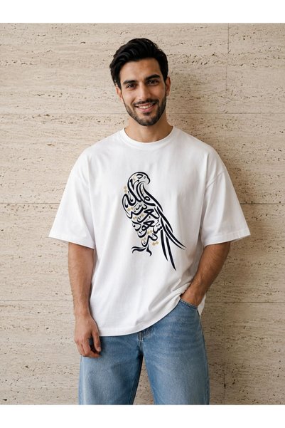 ZAVIXO Unisex Oversize T-Shirt with Eagle Figure Calligraphic Print, Cotton C...