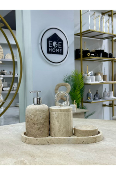 ege gross Decorative Travertine Natural 4-Piece Bathroom Set with Silver Details