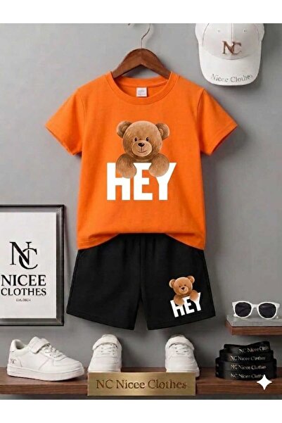Leto Lykia Summer Children's T-Shirt Shorts Unisex (White with Hey Bear Print)