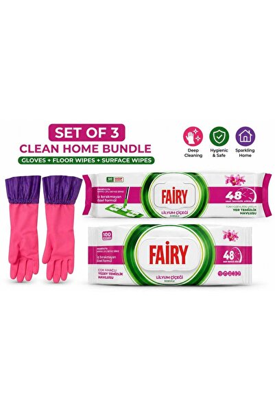 Fairy Set of 3 Cleaning Bundle – Long Rubber Gloves + Floor Cleaning Wipes (5...