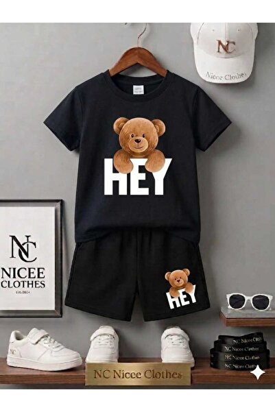Leto Lykia Summer Children's T-Shirt Shorts Unisex (White with Hey Bear Print)