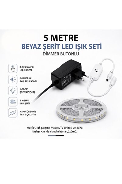 ÖZER LİGHT 5 metre Dokunmatik Beyaz (6000k) Şerit led ışık seti Dimm edilebil...