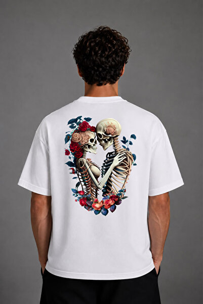 VSRN Tricou oversize alb cu imprimeu pe spate Skeleton Love Design