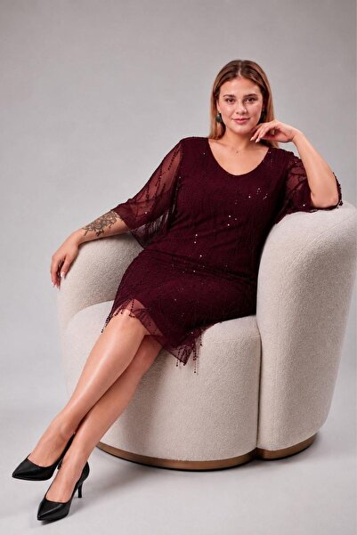 Seamoda Plus Size V-Neck Fringe Sequin Embroidered Evening Dress-Dark Burgundy
