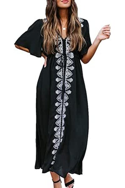YouKD Summer Cotton Floral Long Kaftan Bohemian Kimono Beach Swimsuit Cover U...