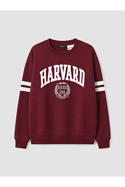 LC Waikiki Burgundy Harvard Printed Women's Thick Sweatshirt