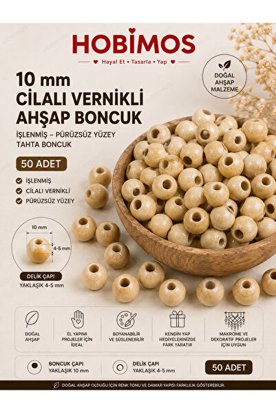 Hobimos 50 Adet 10 mm Cilalı Vernikli Ahşap Boncuk – İşlenmiş 10 mm Delikli T...