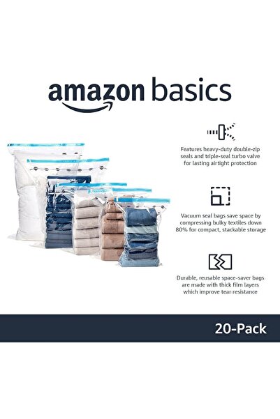 Amazon basics أكياس تخزين بسحاب مضغوطة بالفراغ مع مضخة يدوية - عبوة من 4 قطع،...