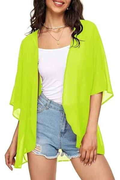 Indian's Women's Solid Puff Sleeve Kimono Cardigan Loose Cover Up Casual Blou...
