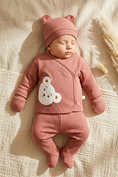 Babydonat Sage Orange Teddy Bear Embroidered Baby Boy Ribbed Cotton 5-Piece N...