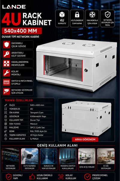 IRONSTAR LANDE 600x450 Rack Kabinet / 4U Rack Kabinet / 4U Network Kabini / D...