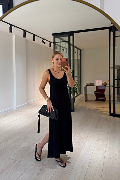 Sezgi Tekin Black Midi Dress with Front and Back U-Collar Slits