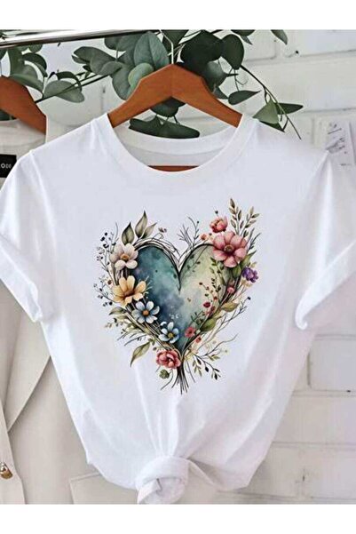 23ERVA Floral Heart Design, Women's Romantic Flower Pattern, Pure Cotton T-Sh...
