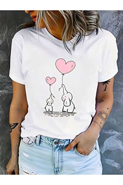 23ERVA Cute Elephant, Women's Heart Balloon Design, Pure Cotton T-Shirt, Spri...