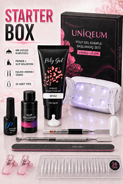 Uniquem Poly Gel Tırnak Uzatma Beyaz Jel Oje Starter Box 9 Parça + 24 Tips Seti Uv Led Full Paket