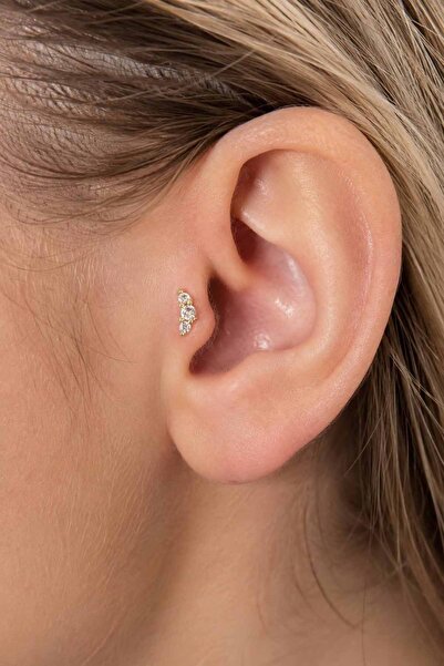 TAKIŞTIR Altın Renk Taşlı Cerrahi Çelik Tragus/Kıkırdak Küpe/Piercing (Tek)