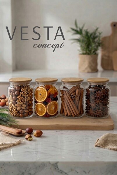 VESTA Concept طقم 4 برطمانات زجاجية محكمة الإغلاق مع أغطية من الخيزران - 620 مل