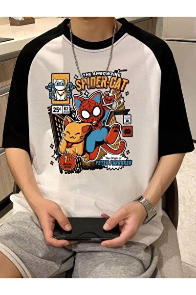 DEEFWEAR تي شيرت MINGALONDON Spider Cat أبيض بأكمام راجلان كبير الحجم
