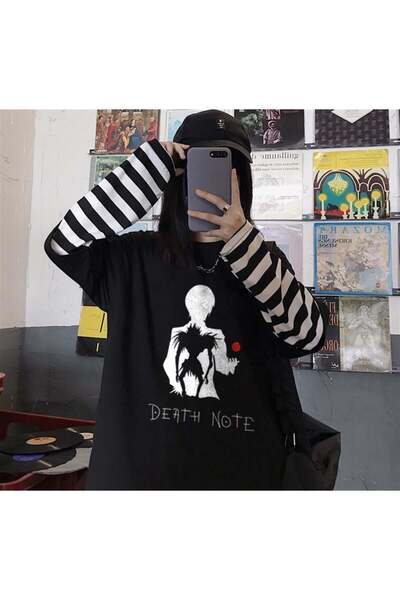 DEEFWEAR تي شيرت أسود مطبوع عليه Death Note بأكمام وهمية للجنسين