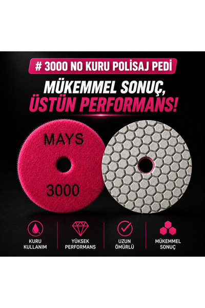 MAYS 3000 No Kuru Polisaj Pedi 100 mm Mermer Granit Porselen Kuvars Çimstone ...