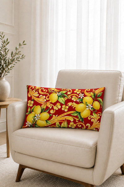 Bebişim Halı Red Baroque Lemon Patterned 2-Piece Throw Pillow Cover 35X55 cm