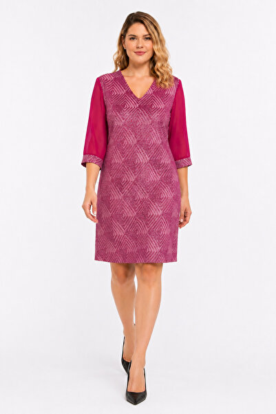 Şans Women's Plus Size, Plum, Glitter Detail, Chiffon Sleeves, V-Neck Dress 6...