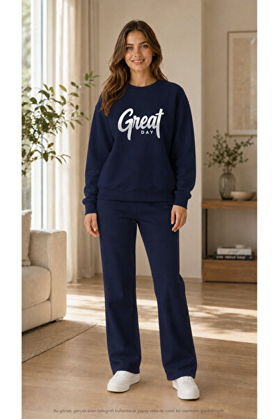 TREND EMMODA Women's Great Day Written Sweatpants Set/Round Neck Sweatshirt a...