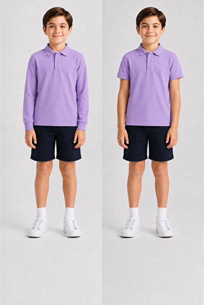 ROZELT 100% Cotton Lilac Long Sleeve & Short Sleeve 2 Piece Polo Collar T-Shirt