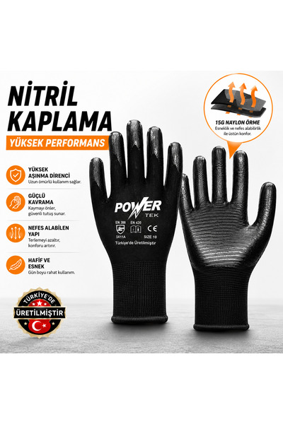 DESIPHON POWER TEK Nitril Kaplama İş Eldiveni Beden 10 – Kaymaz Tutuşlu, Esne...