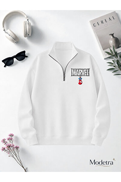 Modetra Unisex Women's and Men's Marvel Spi Printed Half-Zipper Stand Collar ...