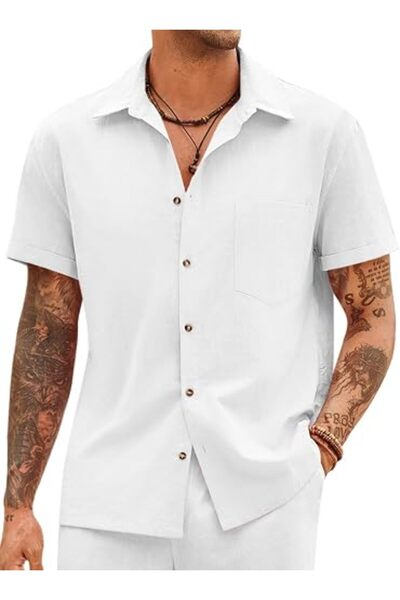 Runcati Mens Short Sleeve Button Up Shirts Linen Cotton Beach Tops Spread Col...