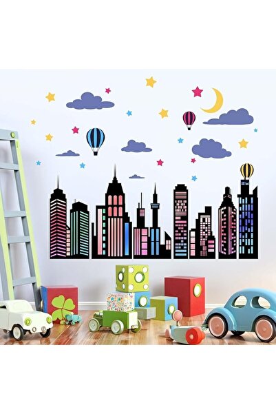 Amimagen City Wall Stickers for Boys Room: Peel and Stick Colorful Hero Skyli...