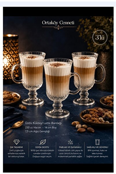 ORTAKÖYCENNETİ Ayaklı ve kulplu cam kokteyl ve Latte kupası 3 adet 230ml 14 c...
