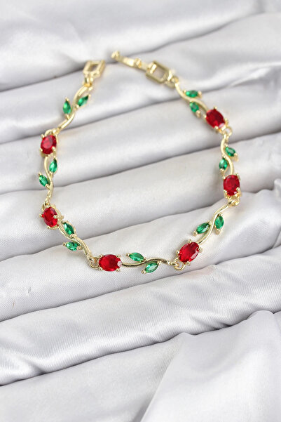SORA GROUP Brass Gold Color Red Zircon Stone Flower Model Women's Bracelet