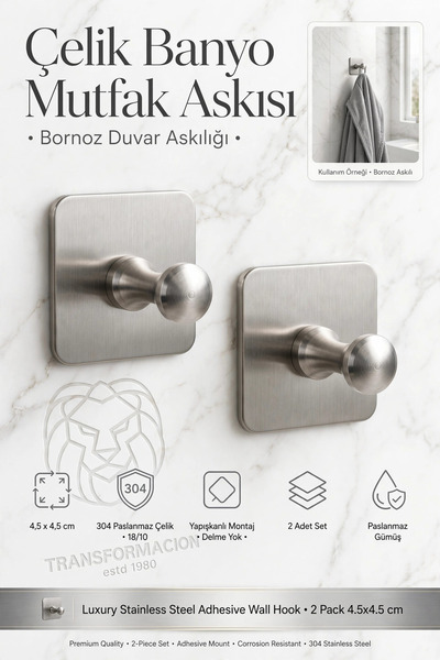 Transformacion 3lü Set 304 Paslanmaz Çelik Yapışkanlı Banyo Havluluk Mutfak A...