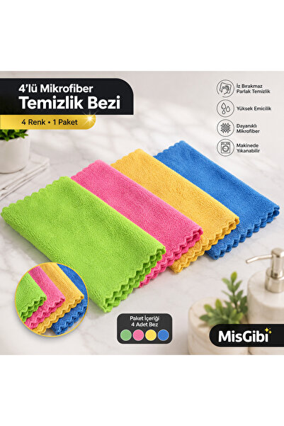 4’LÜ MİKROFİBER TEMİZLİK BEZİ SETİ – 4 RENK, YÜKSEK EMİCİLİK, İZ BIRAKMAZ ÇOK AMAÇLI TEMİZLİK BEZİ