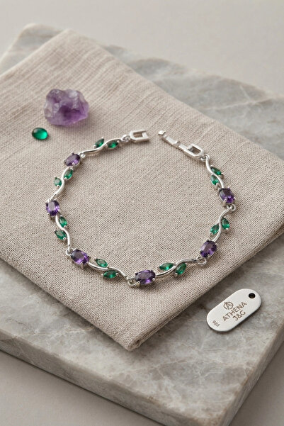 SORA GROUP Purple Zircon Stone Flower Model Silver Brass Women's Bracelet