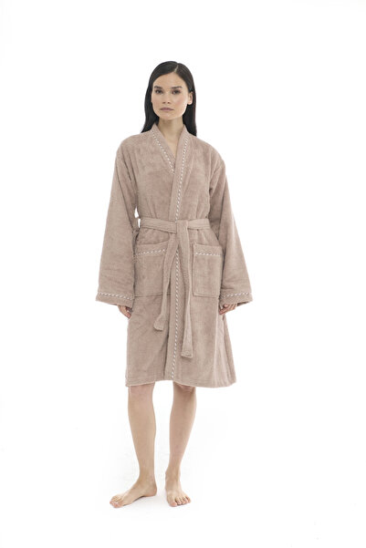 Seritaine Athena Kimono Women's Bathrobe Taupe - Ribbed 100% Cotton