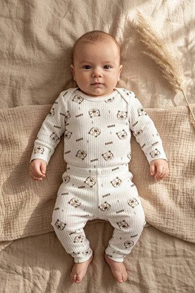 Süper Mini Baby Roar 100% Cotton Ribbed Baby Boy Set - Ecru Long Sleeve Bodys...