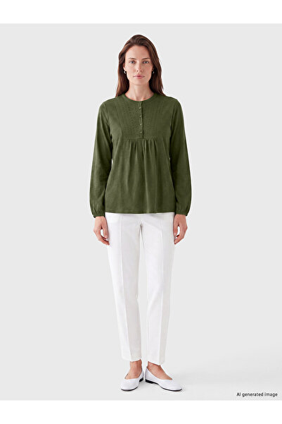 LC Waikiki Lcw Grace Green Crew Neck Embroidered Gathered Blouse