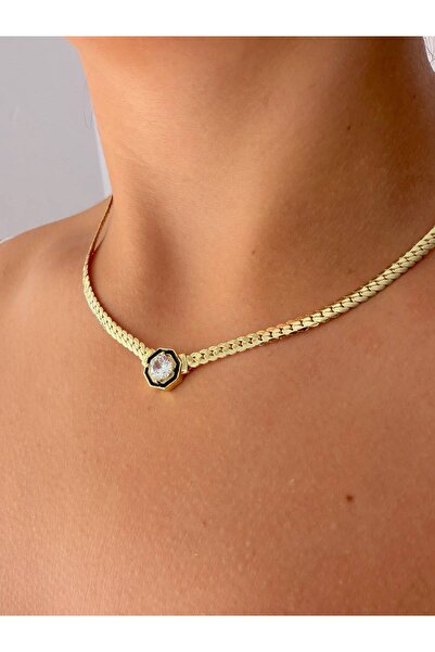 Vintage Black Diamond Siyah Mineli Zirkon Taşlı Gold Kolye