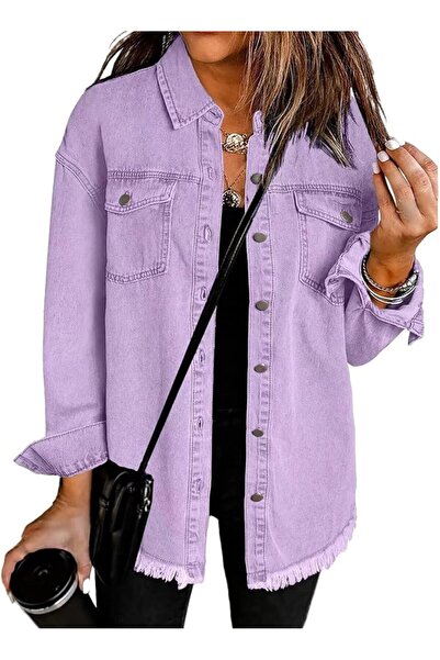 GENERAL Denim Jacket for Women Oversized Boyfriend Jean Jacket Button Up Fray...