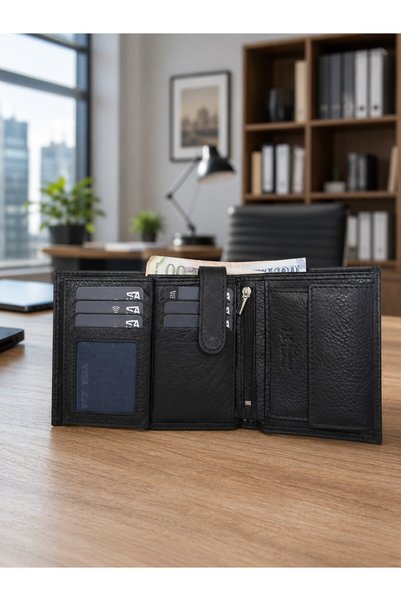 Newish Polo Erkek Hakiki Deri Dik Model Bozuk Para Bölmeli Patlı Kapaklı Fermuar Cepli Cüzdan Ve Kartlık