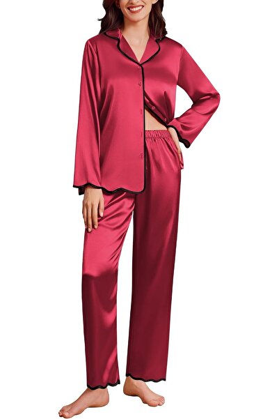 SILK SATIN طقم بيجامة من قطعتين للنساء بأكمام طويلة وأزرار أمامية مع حواف مكش...