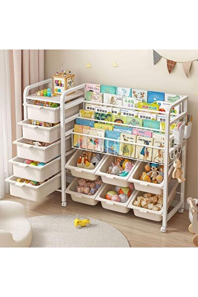 Beauenty Children's Bookshelf, Metal Bookshelf with 8 Toy Storage Boxes, Whee...
