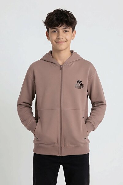 Cansın Mini Brown Boy's Cardigan with Text Detail and Zipper 24643