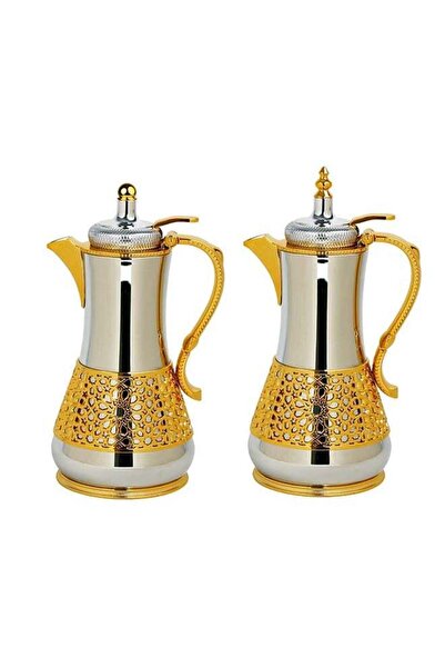 BASURRAH Luxury Tea and Coffee Thermos Set, 2 Pieces, Silver Gold Color, 1 Liter