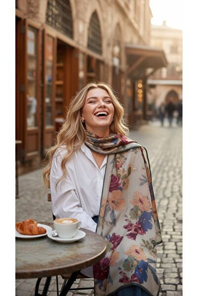 ABOUT US Ecru Multi-Colored Floral Patterned Women's Shawl Floral Pattern Ele...